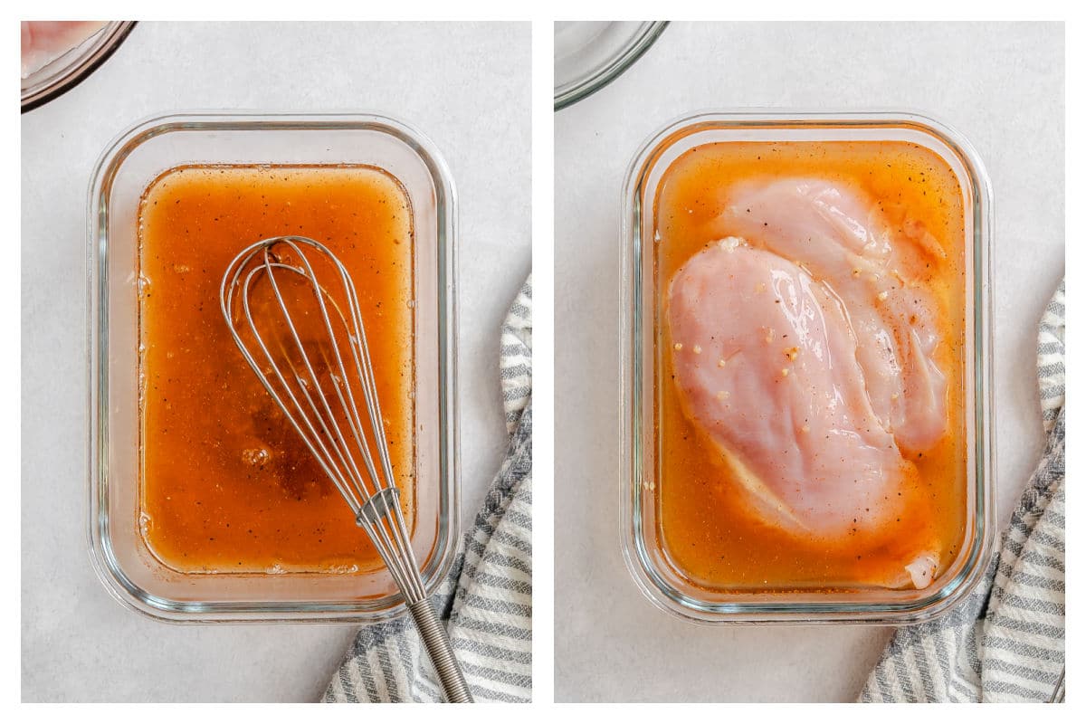 Tequila lime chicken marinade in a dish next to chicken in the marinade.