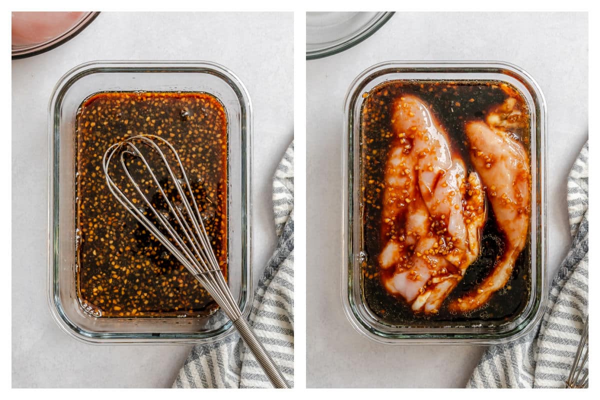 Marinade teriyaki dans un plat à côté du poulet dans la marinade.