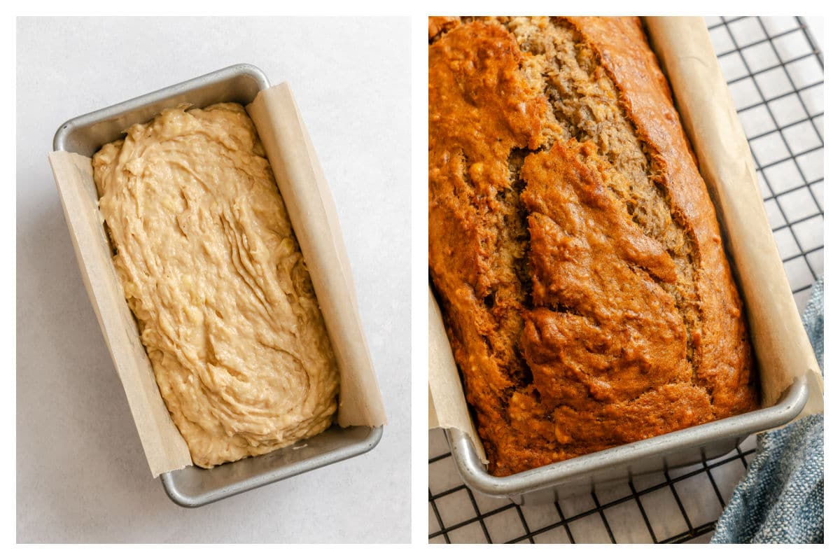 Banana bread batter in a pan next to the baked loaf in a pan.