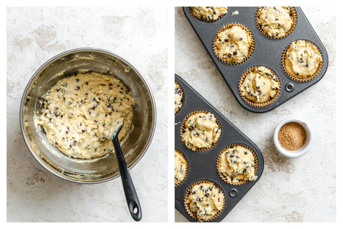 Chocolate chip muffin batter in a bowl next to the batter in a muffin tin.