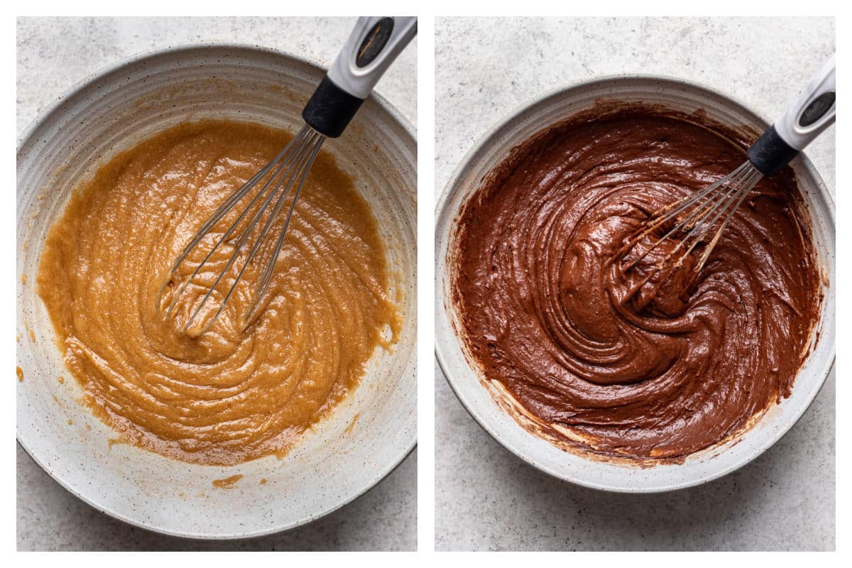 Melted butter and sugars  and eggs in a bowl next to brownie batter in a bowl.