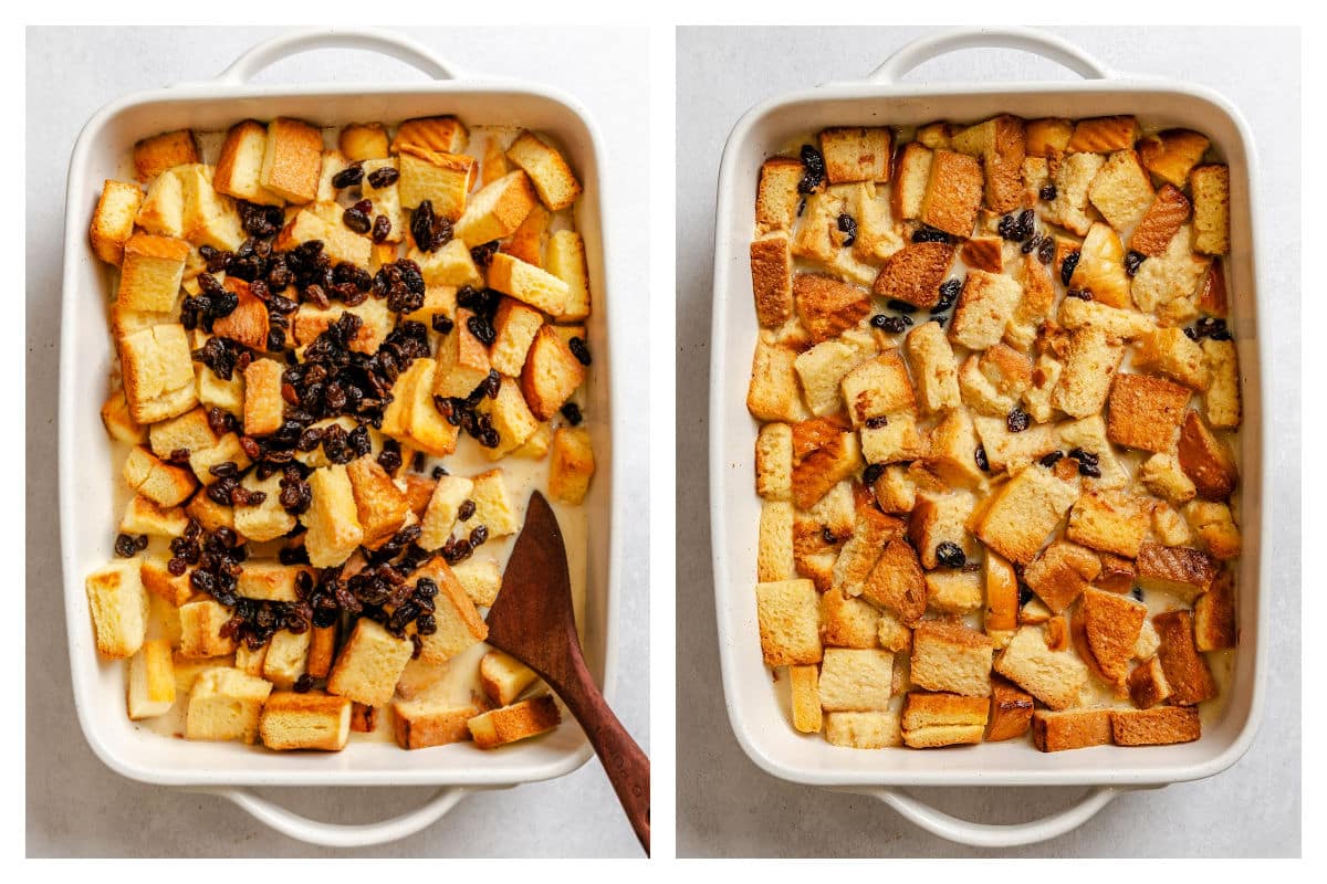Raisins on top of bread cubes in custard next to raisins folded in.