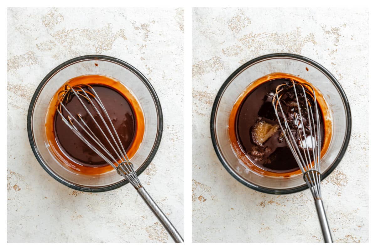 Melted butter and chocolate in a bowl next to egg whisked in.