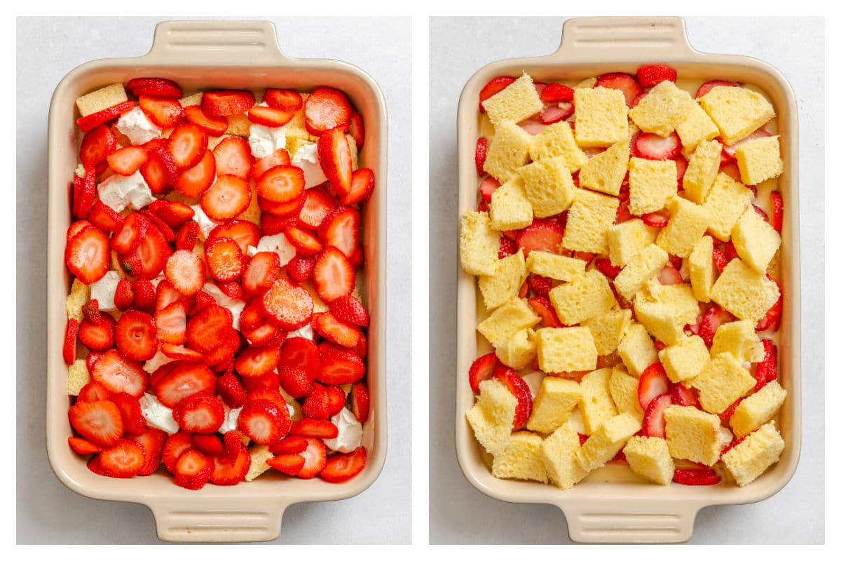A layer of strawberries over bread cubes and cream cheese next to bread cubes over the strawberries.