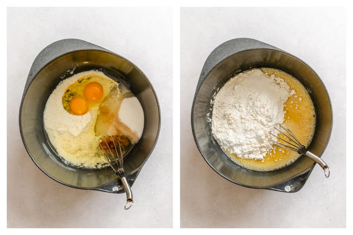 Wet ingredients in a mixing bowl next to dry ingredients on wet ingredients. 