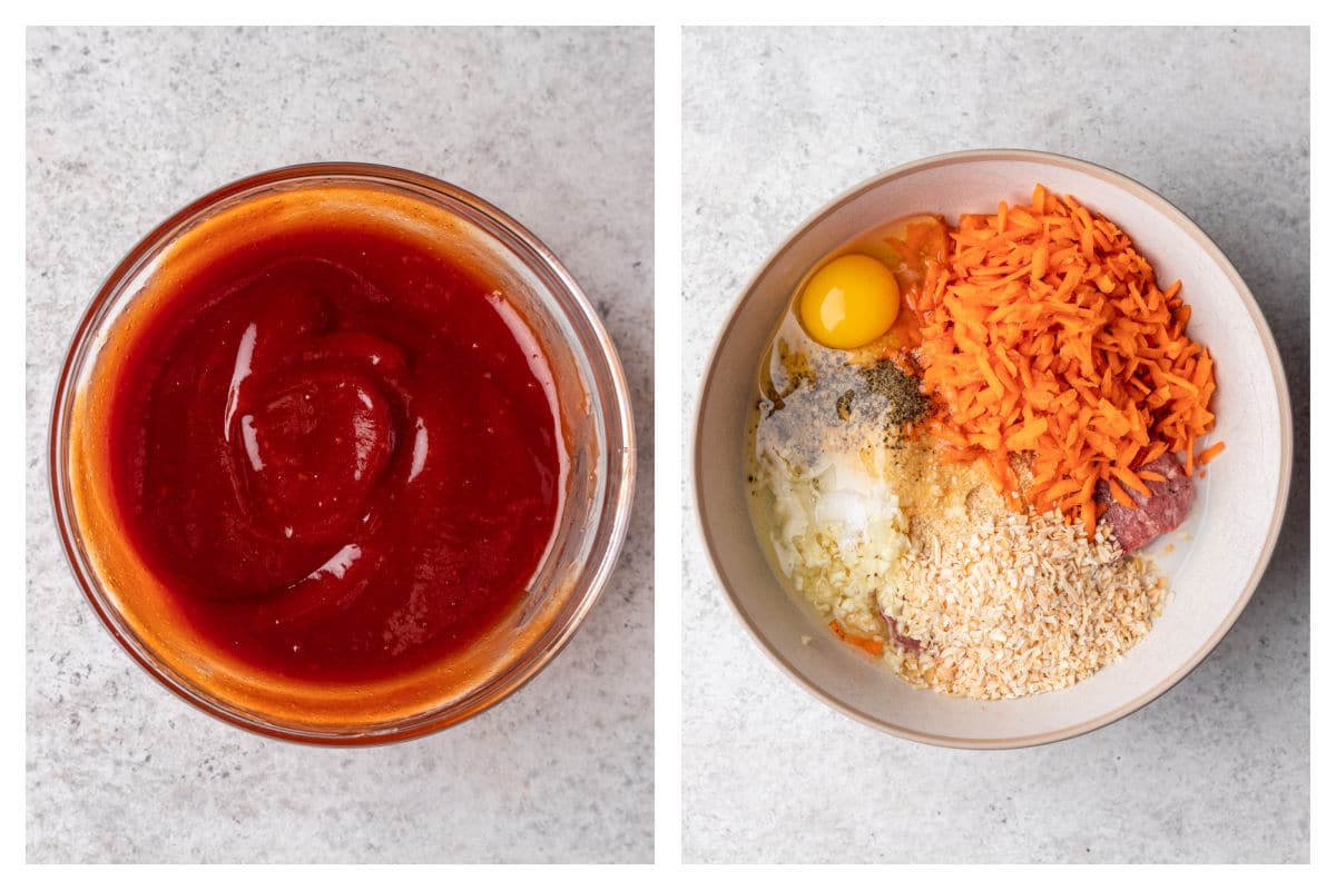 Meatloaf sauce in a bowl next to meatloaf ingredients in a bowl.