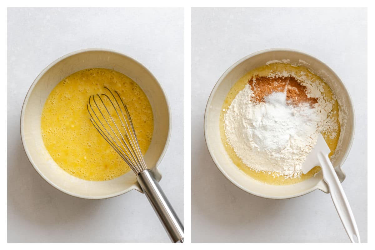 Wet ingredients in a mixing bowl next to dry ingredients on top.