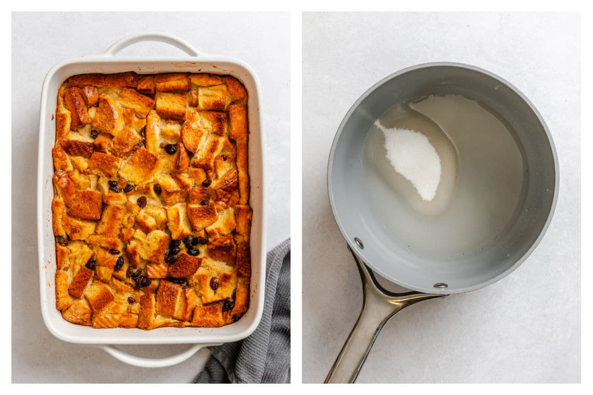 Baked Irish bread pudding in a pan next to sugar in water in a pot.