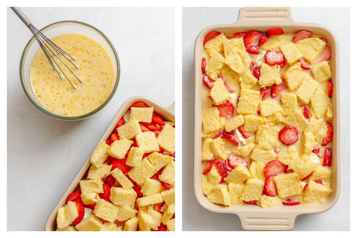 Egg mixture next to casserole dish next to egg poured over bread mixture.