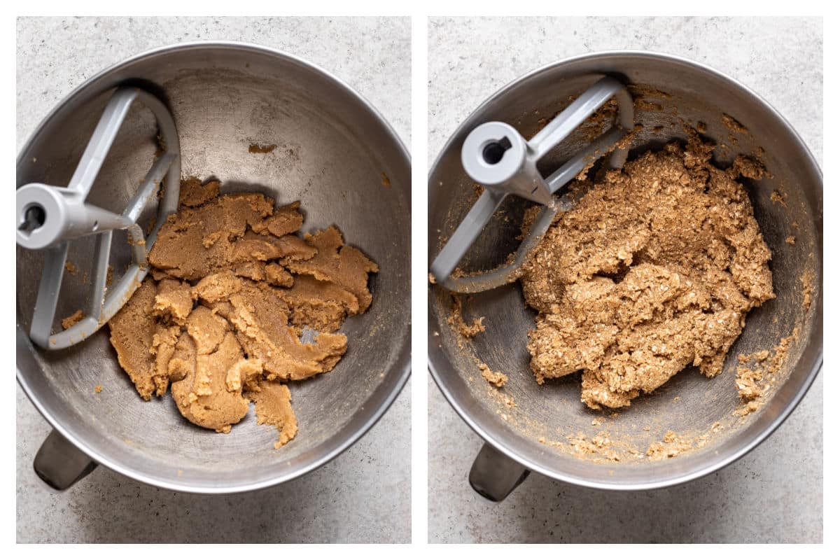 Mélange de beurre et de sucre dans un bol de mélange à côté des ingrédients secs mélangés.