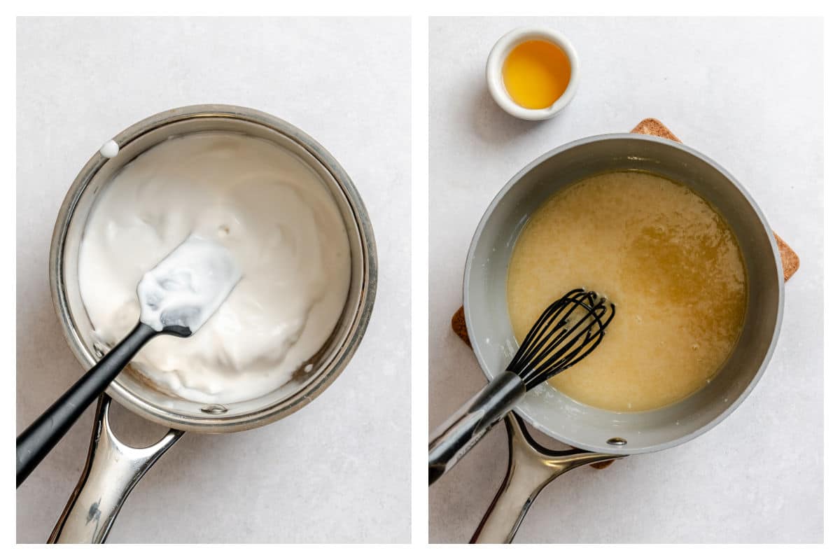 Cream warming in a saucepan next to sauce for Irish bread pudding in a saucepan.