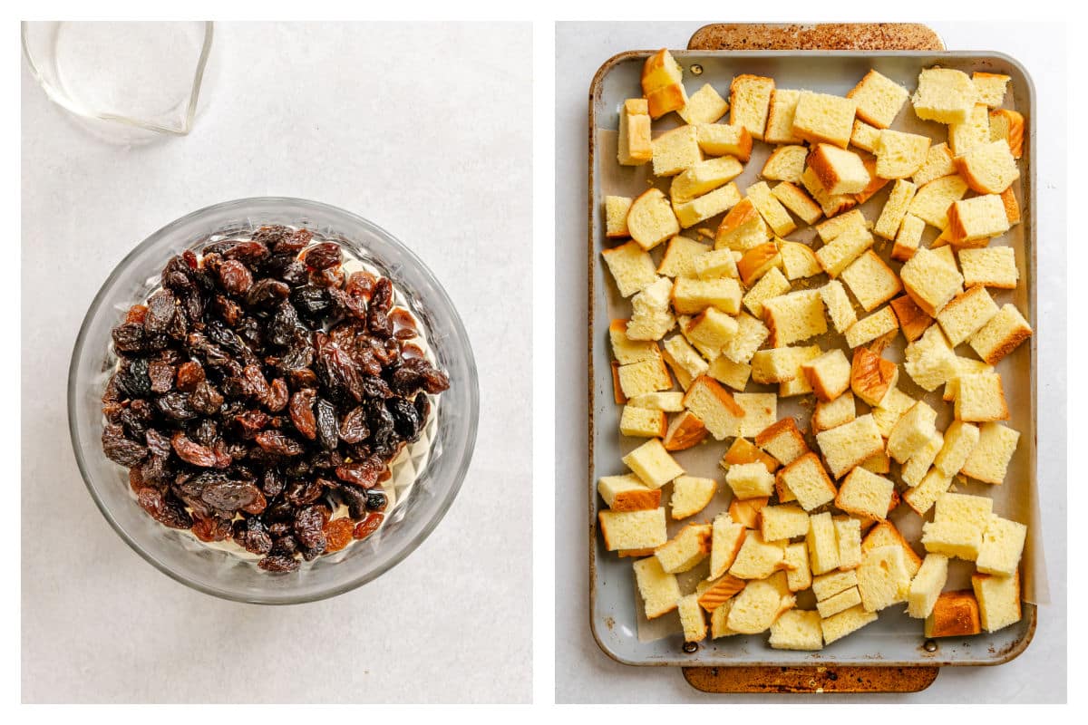Raisins in whiskey next to bread cubes on a baking sheet.