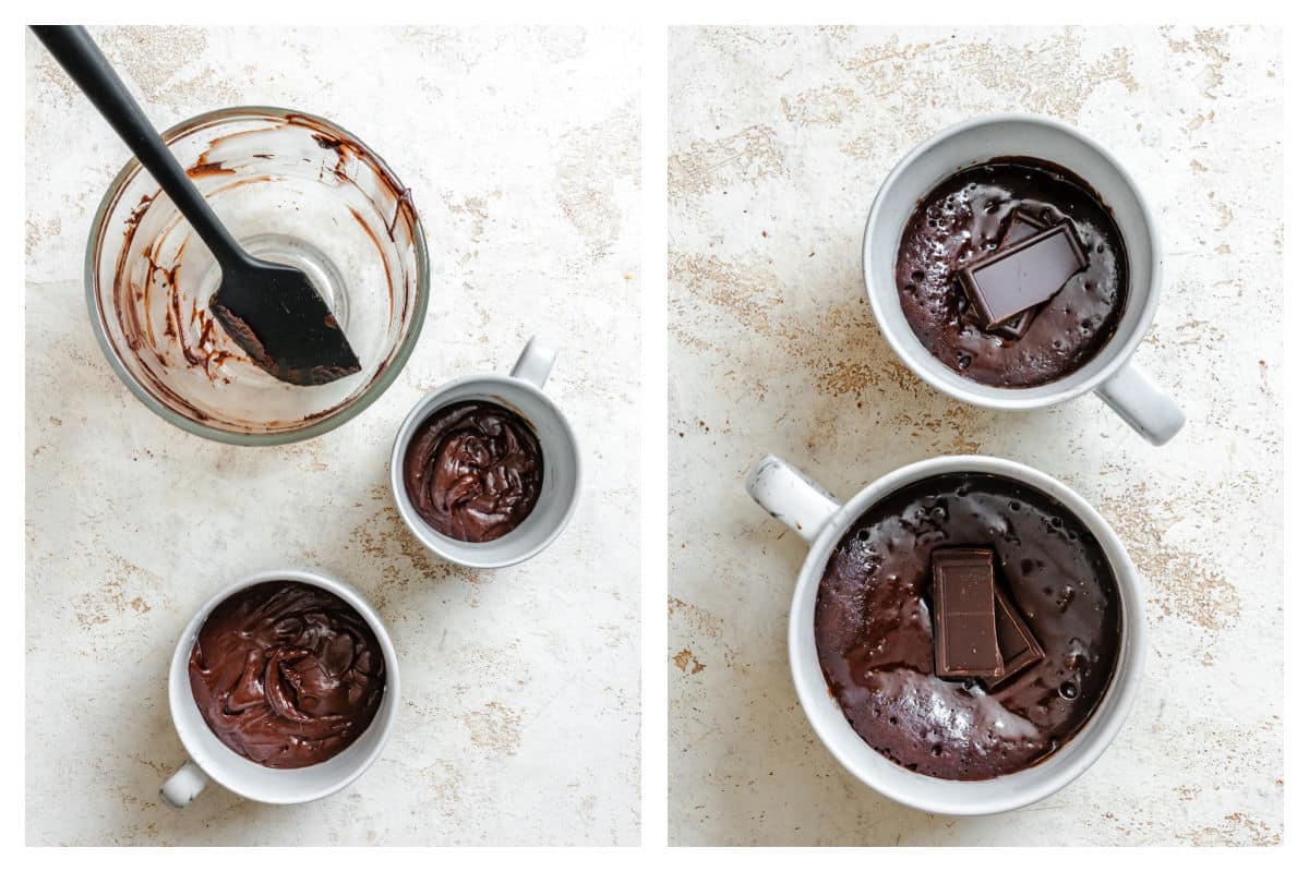 Chocolate cake batter in a mug next to pieces of chocolate on mug cake.