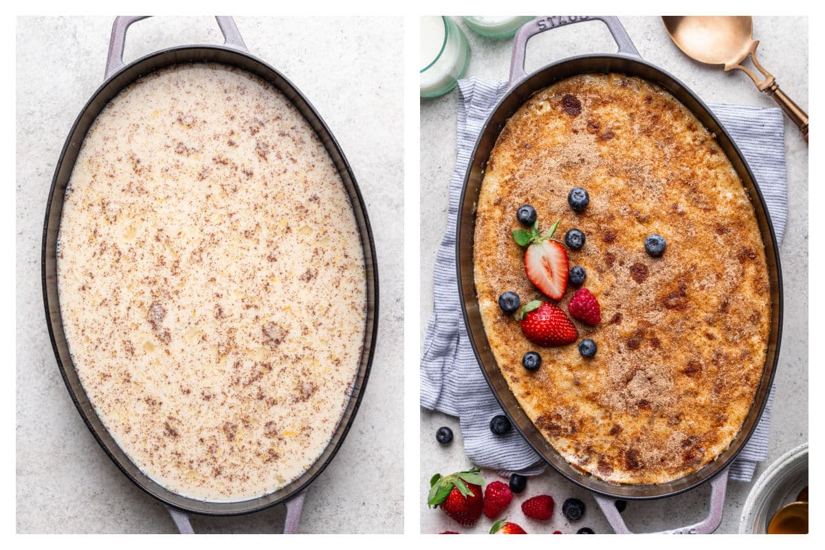Rice pudding mixture in a baking dish next to the baked rice pudding in the dish.