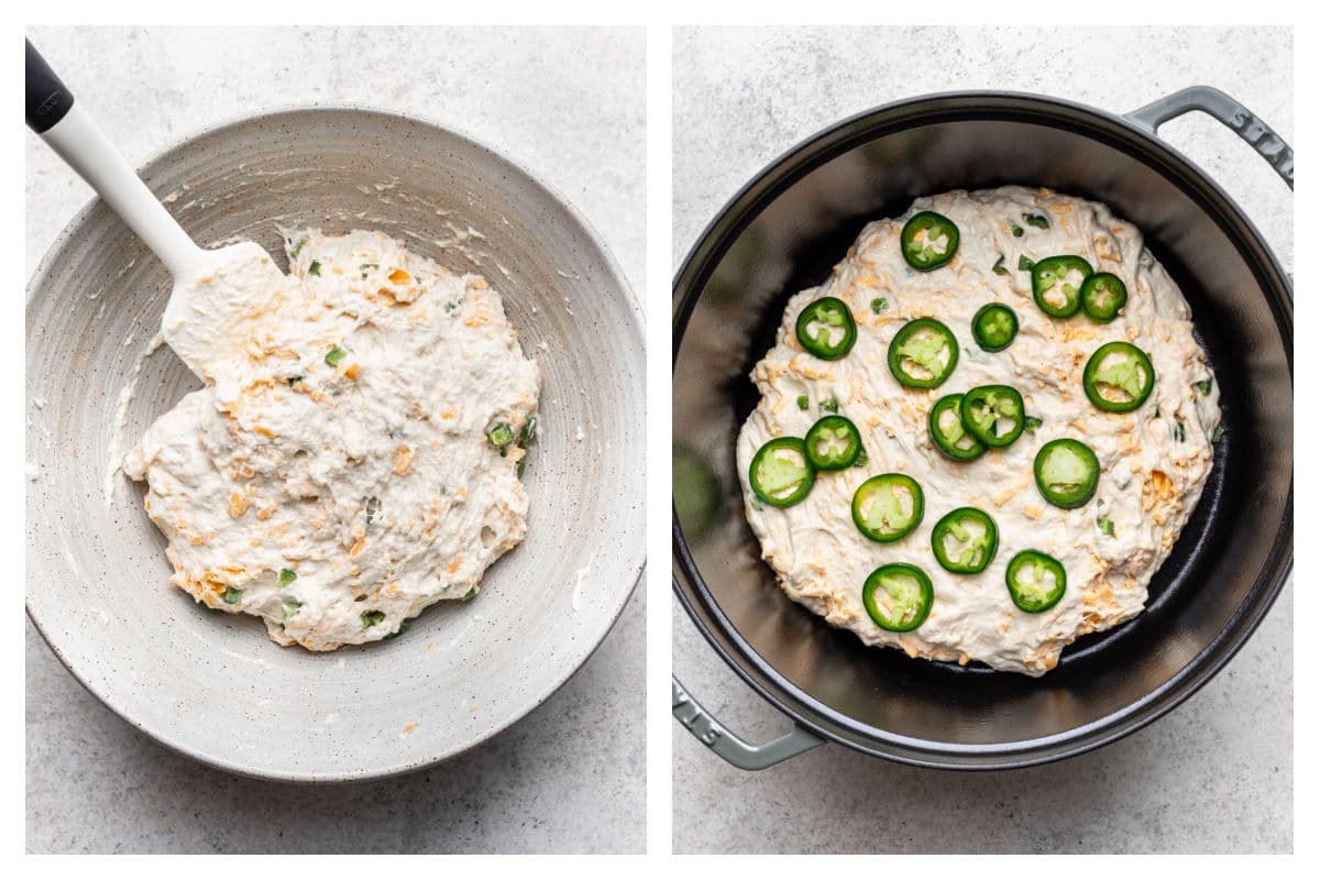 Diced jalapeno and shredded cheddar cheese in no knead bread dough next to the dough in Dutch oven with jalapeno slices on it. 