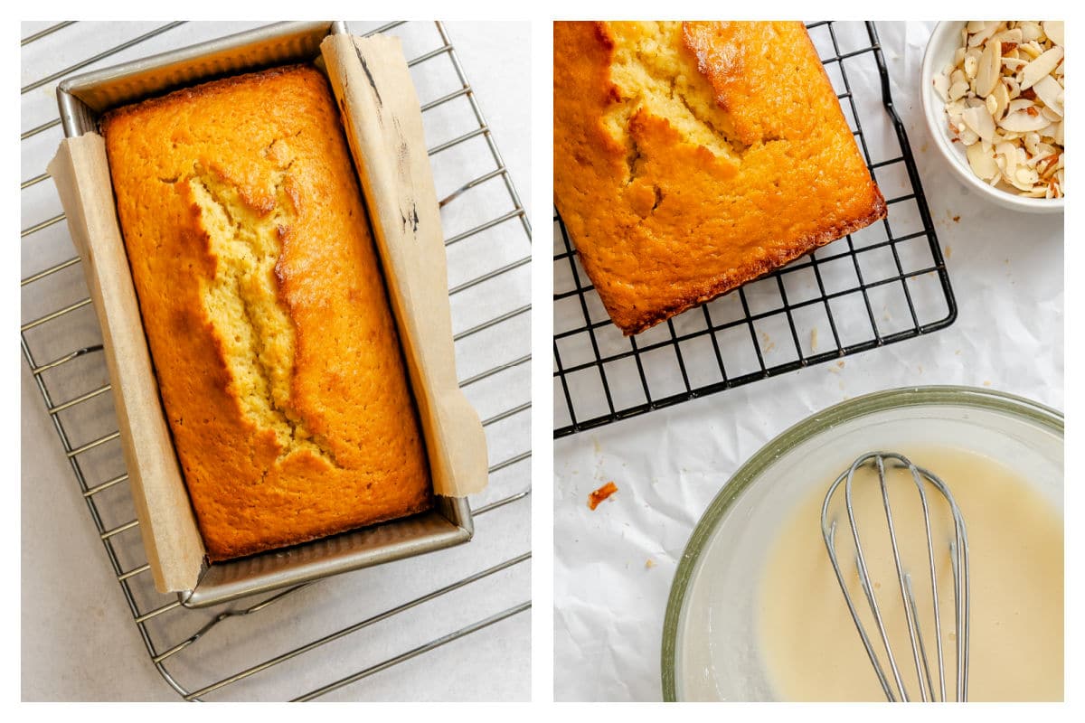 Baked loaf of almond bread in a pan next to the bread on a cooling rack next to glaze. 
