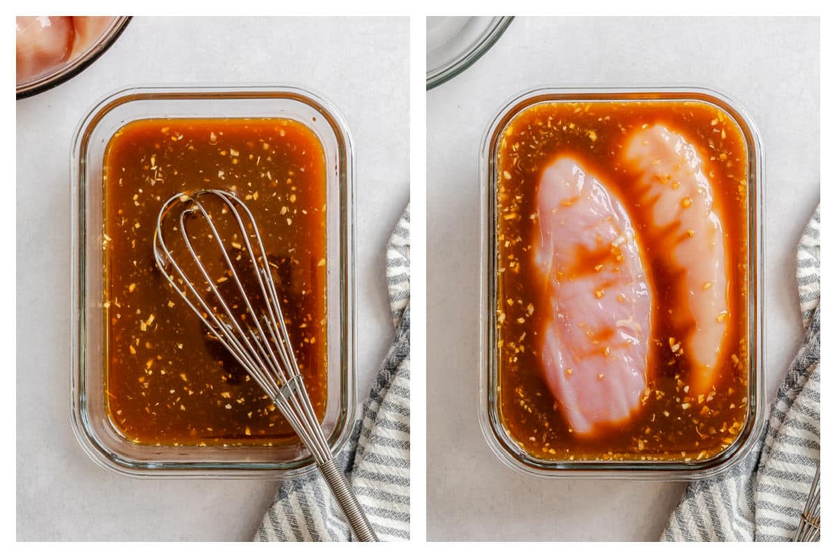 Brown sugar bourbon marinade in a glass dish next to chicken in marinade. 