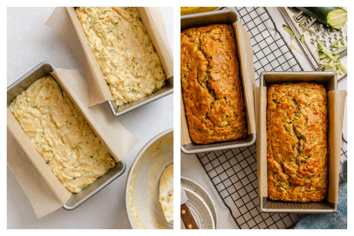 Zucchini banana bread batter in two loaf pans next to the baked bread in the loaf pans.