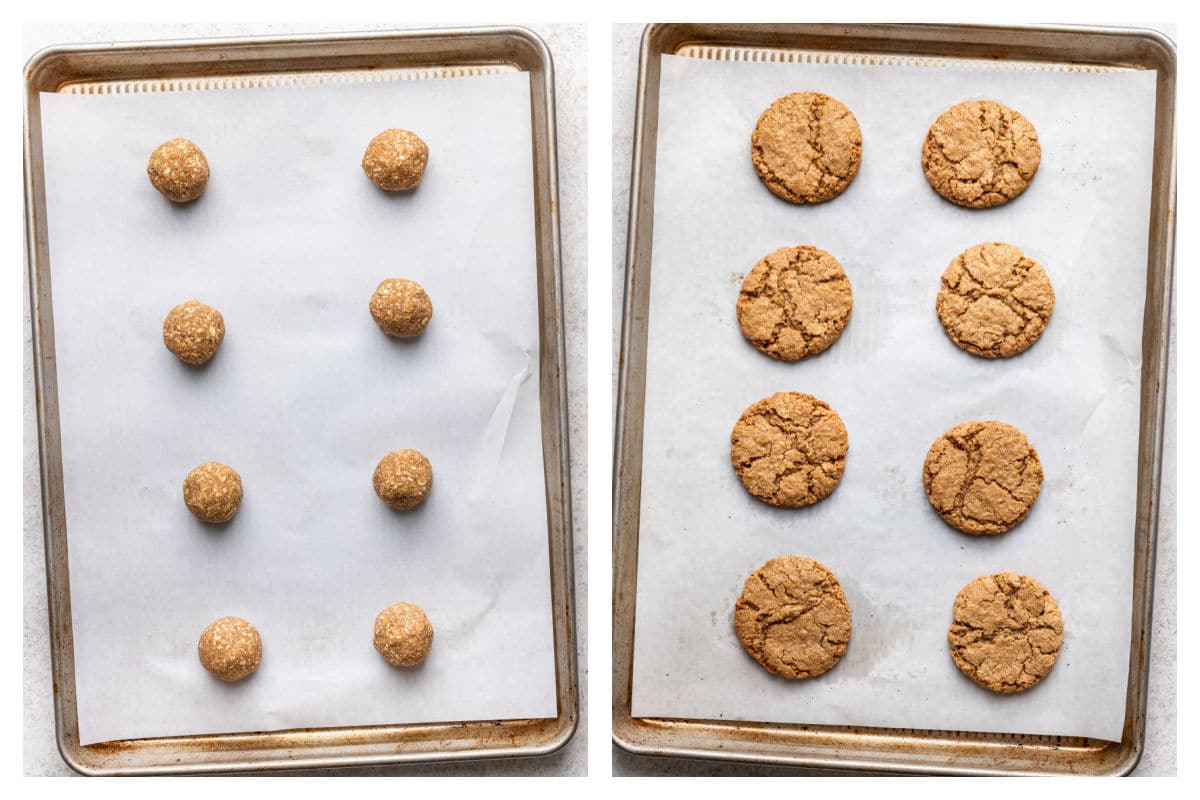 Boules de pâte à biscuits à l'avoine sur une plaque à pâtisserie à côté des biscuits cuits.