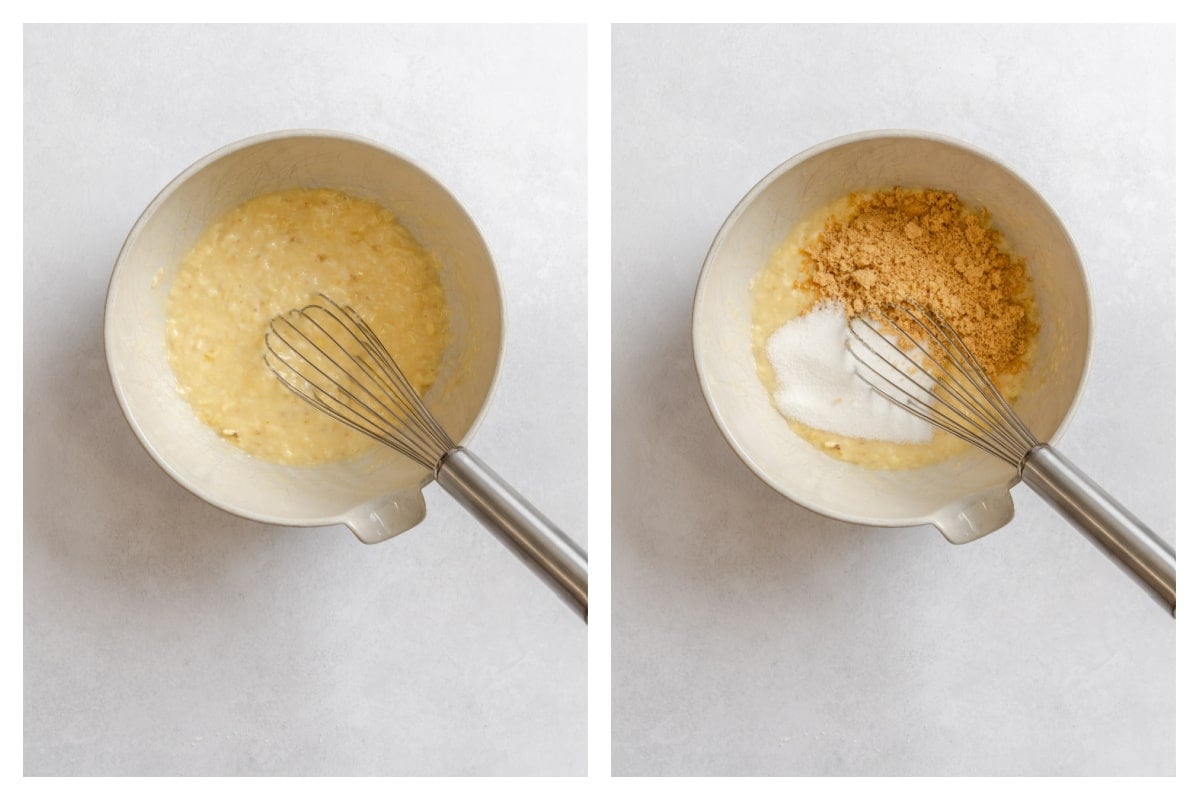 Beurre fondu et banane écrasée dans un bol de mélange.