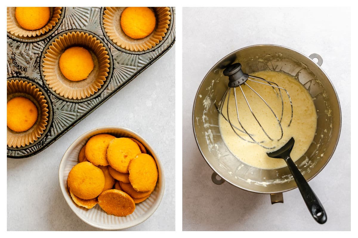 Vanilla wafer in muffin tin liners next to cheesecake batter in a mixing bowl.