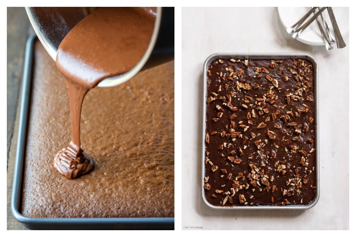 Chocolate icing pouring onto a Texas sheet cake next to the finished cake in a pan.
