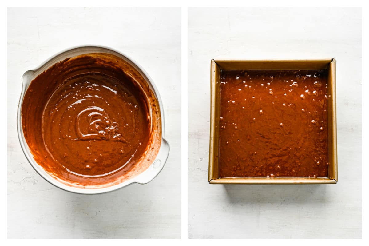 Wacky cake batter in a bowl next to the batter in a pan.