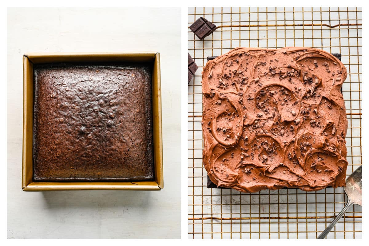 Baked wacky cake in a pan next to the frosted cake on a wire rack.