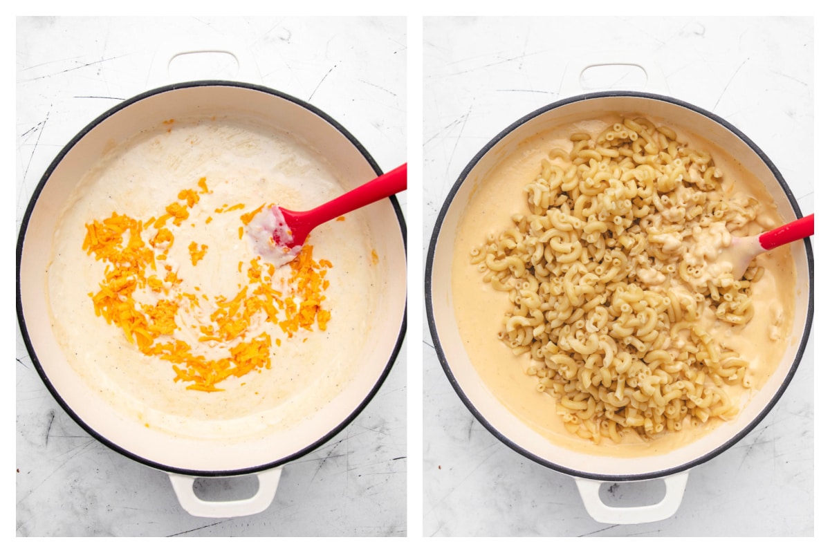 Shredded cheese in thickened milk next to macaroni noodles in cheese sauce. 