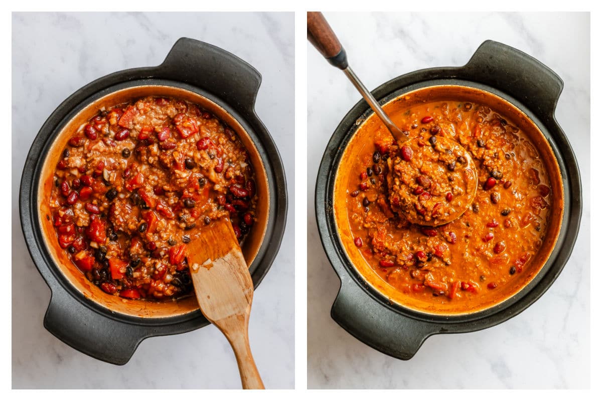 A wooden spoon stirring barbecue chili next to a ladle holding a scoop of chili.