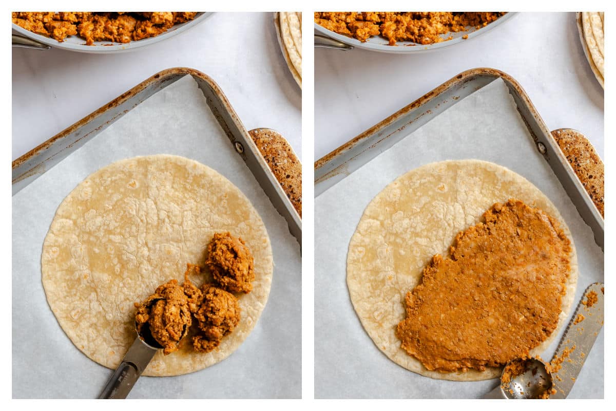 Beef and bean mixture on a tortilla.