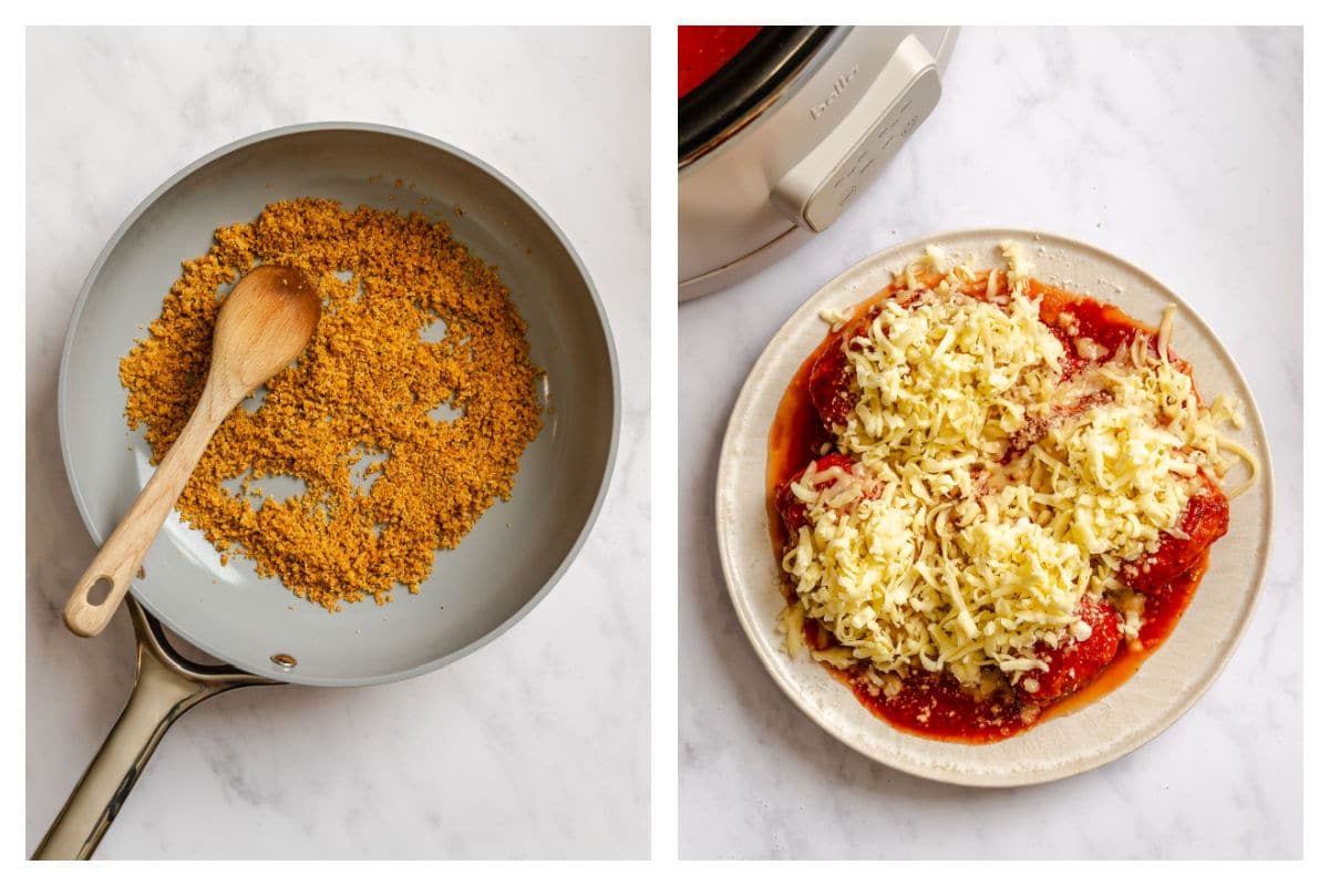 Toasted bread crumbs in a skillet next to chicken parm topped with shredded cheese.