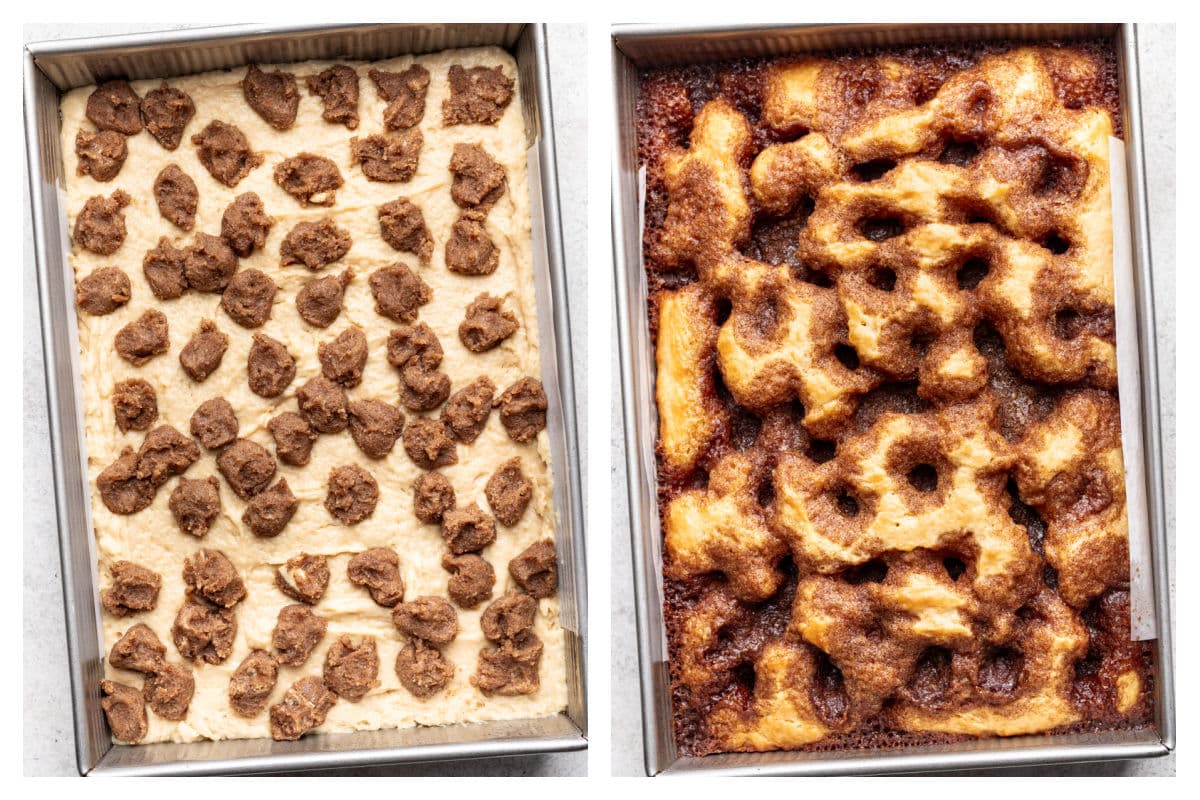 Drops of cinnamon roll filling over cake batter next to baked cinnamon roll cake in a pan.