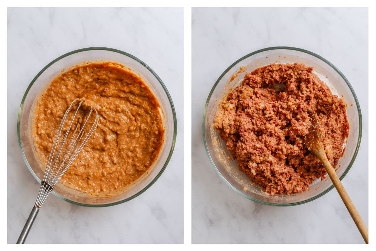 Spices bread crumbs and sauce mixed in a bowl next to ground beef stirred in.