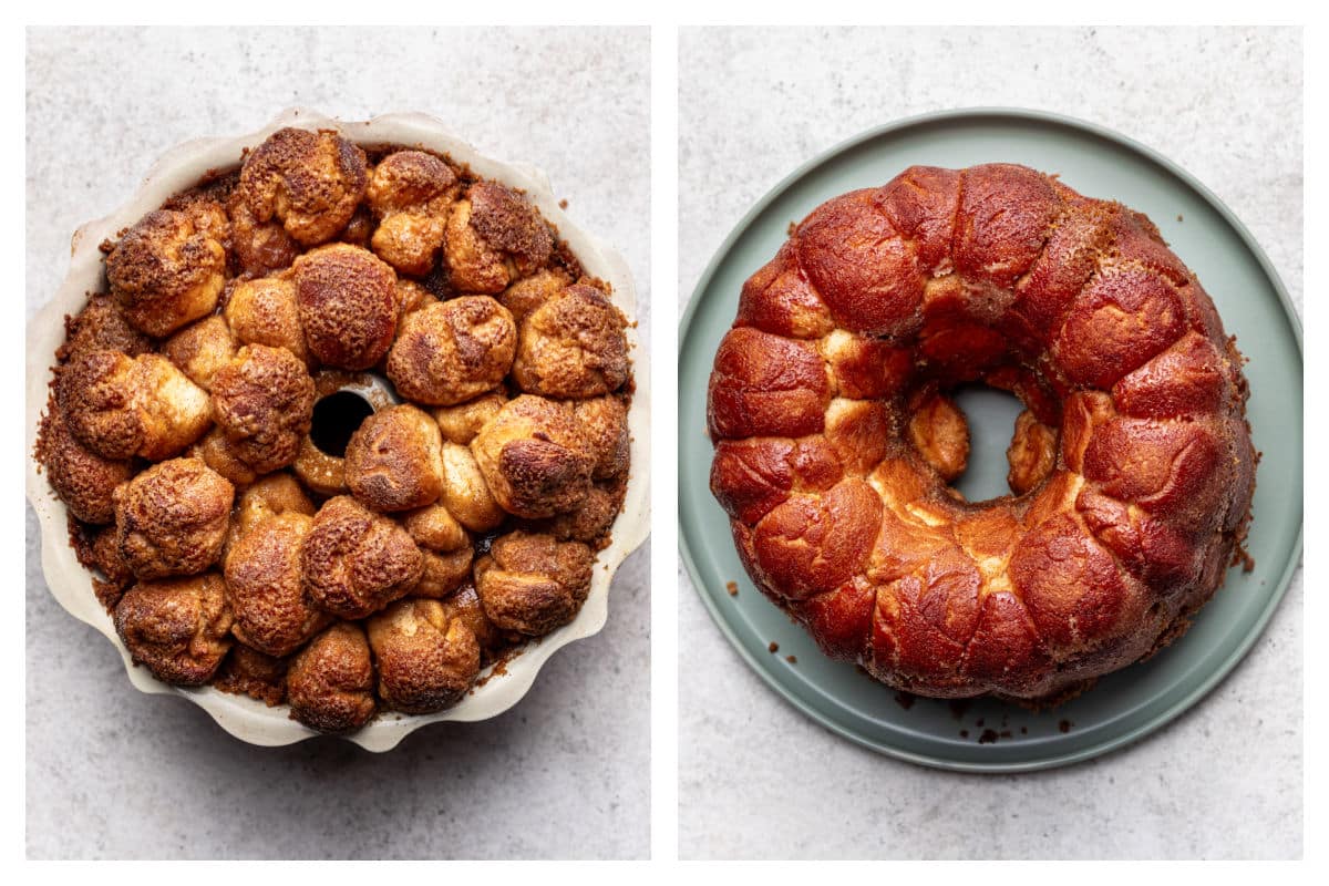 Baked monkey bread in a pan and the monkey bread inverted on a plate.