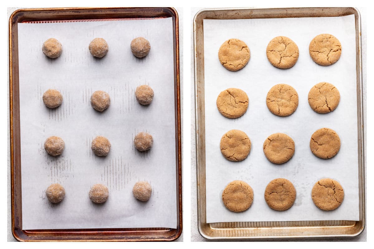 Scoops of brown sugar cookie dough on a baking sheet next to baked cookies on the cookie sheet.