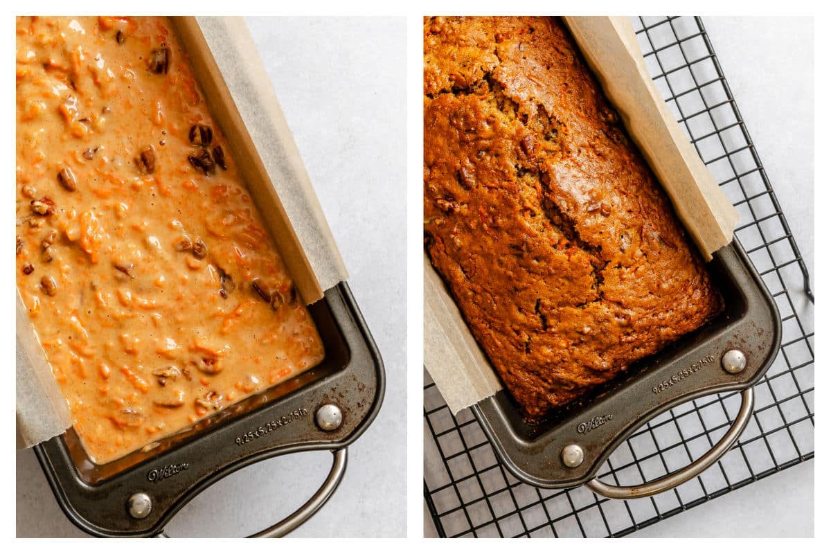 Carrot loaf cake batter in a loaf pan next to the baked loaf in a pan.
