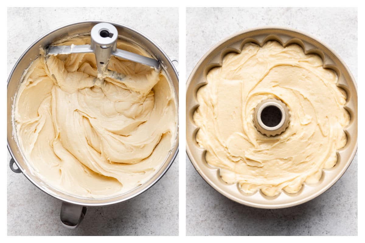 Cream cheese pound cake batter in a mixing bowl next to the batter in a bundt pan.