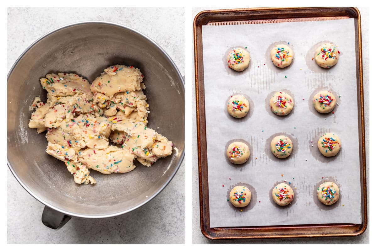 Sprinkled stirred into cookie dough next to scoops of dough on a baking sheet.