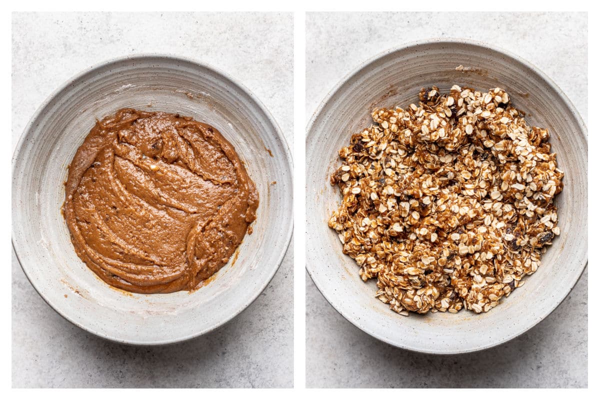 Wet ingredients mixed into brown butter mixture next to oatmeal raisin cookie dough in a bowl. 