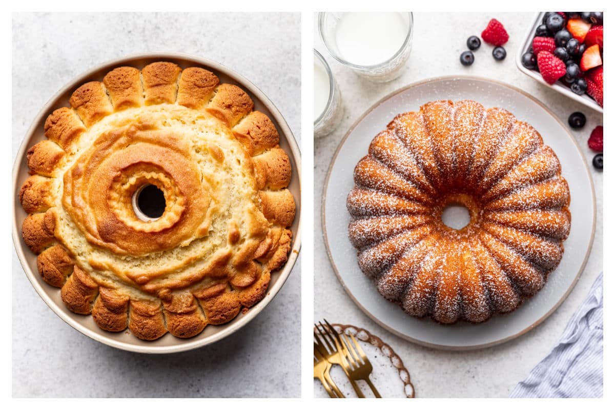 A baked cream cheese pound cake in a bundt pan next to the cake inverted and sprinkled with powdered sugar. 