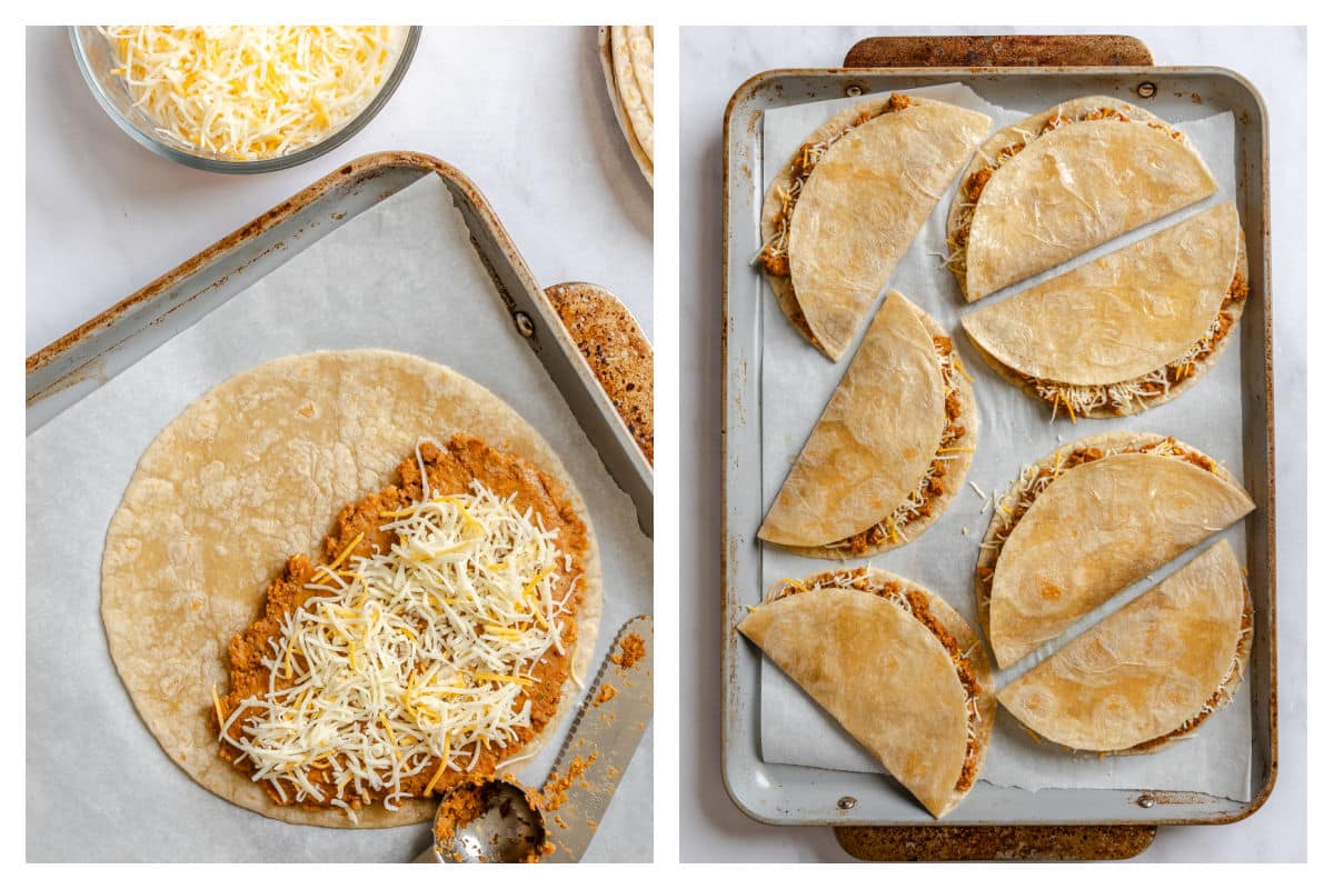 Cheese sprinkled over beef and bean mixture next to folded over tacos on a baking sheet. 