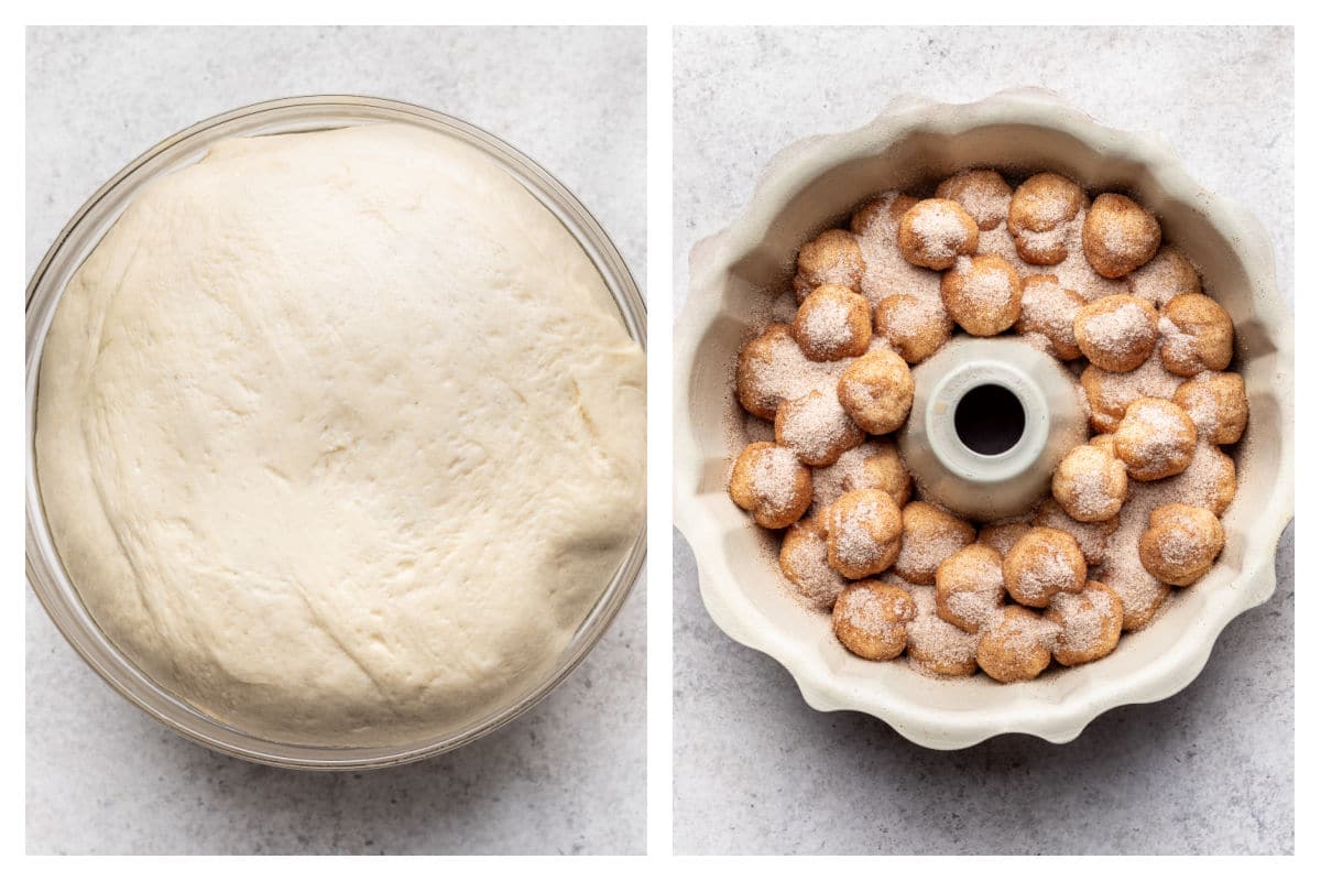 Risen dough next to pieces of dough coated in cinnamon sugar in a bundt pan.