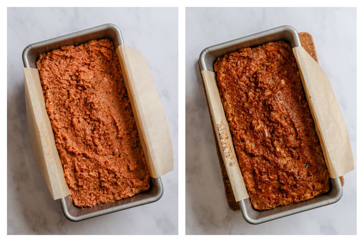 Meatloaf in a loaf pan next to baked meatloaf in a loaf pan.