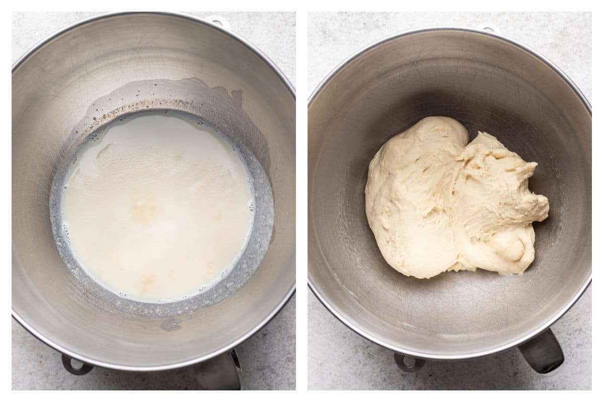 Yeast proofing in a bowl next to dough in a mixing bowl.