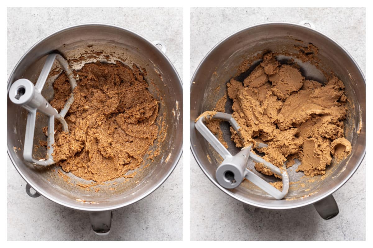 Creamed butter mixture in a silver mixing bowl next to dry ingredients mixed in.