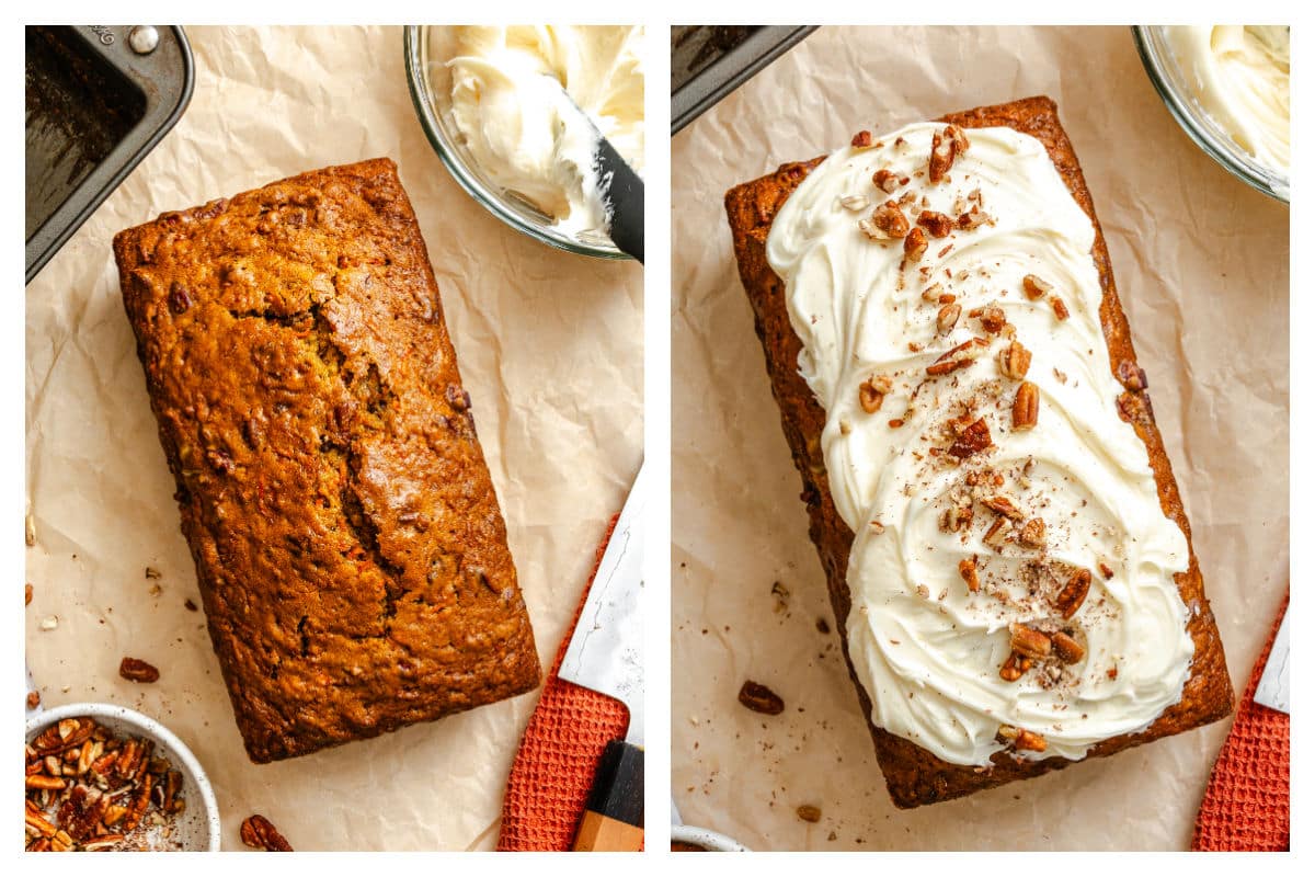 Baked carrot loaf cake on brown parchment paper next to the loaf spread with cream cheese frosting.