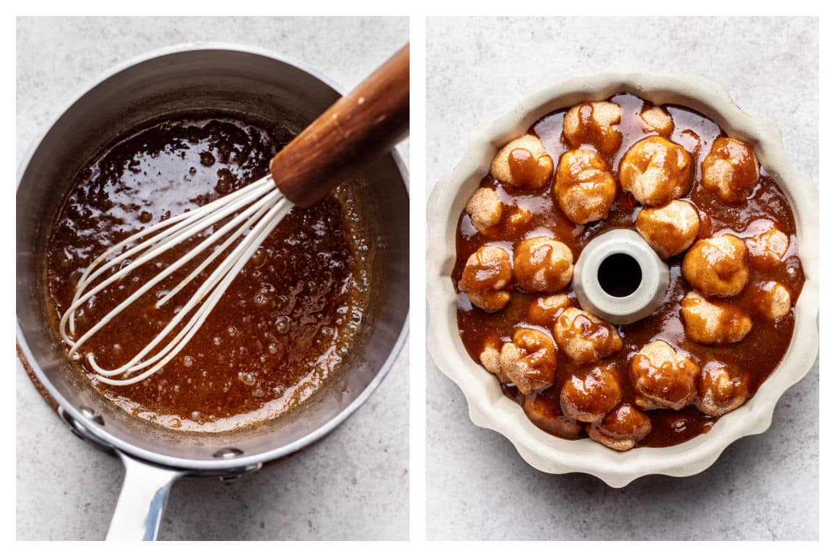 Buttery sugar sauce in a pan next to sauce over dough pieces in a bundt pan.