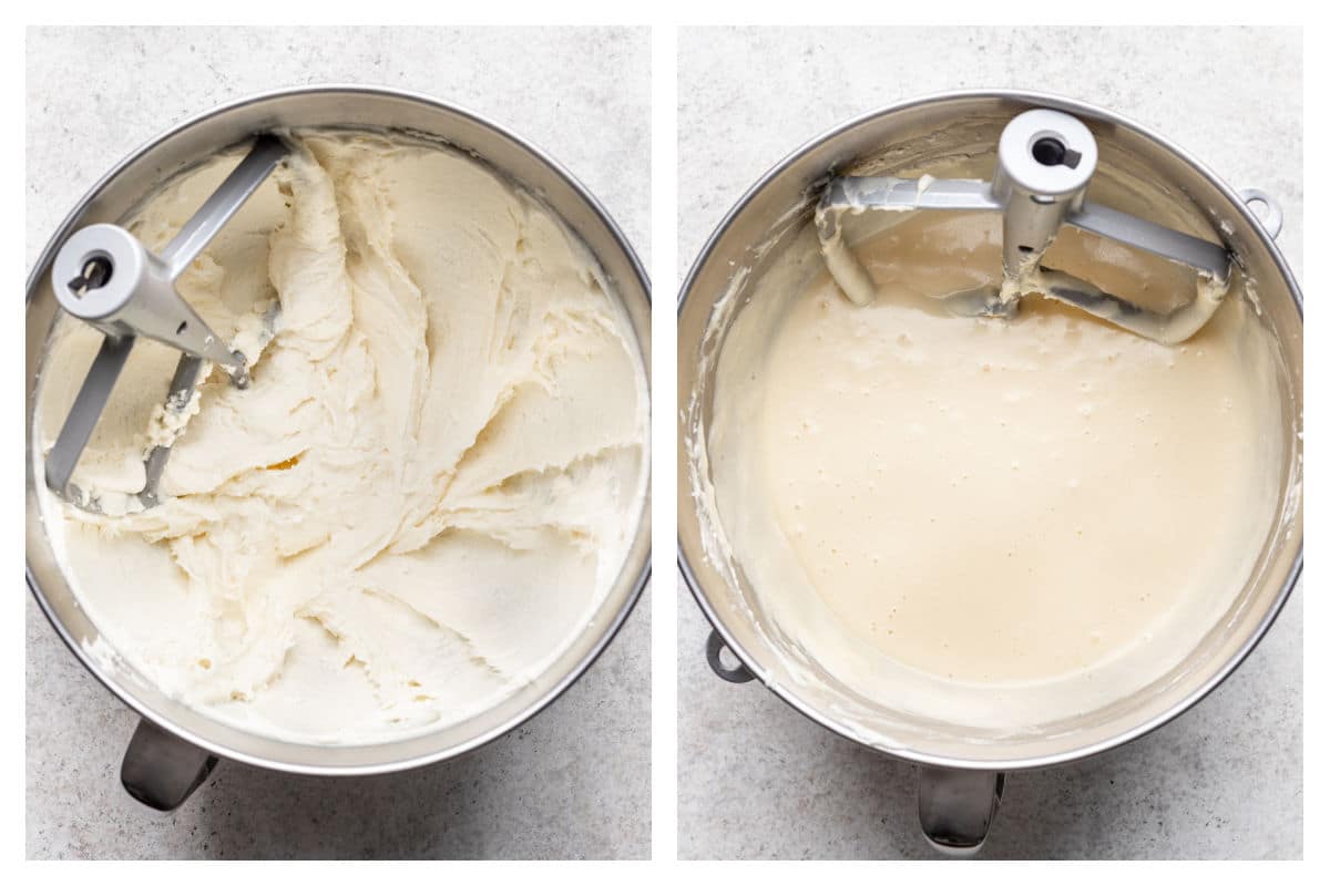 Cream cheese and butter beaten in a mixing bowl next to eggs and wet ingredients mixed in. 