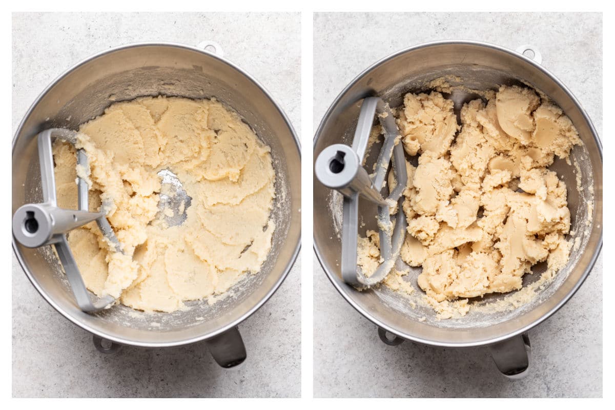 Butter sugar and vanilla creamed together next to egg and dry ingredients mixed in.